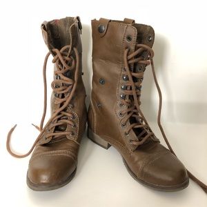 Brown faux leather combat boots/fold-down booties